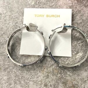 Tory Burch Kira Pearl Logo Hoop Earrings NWOT